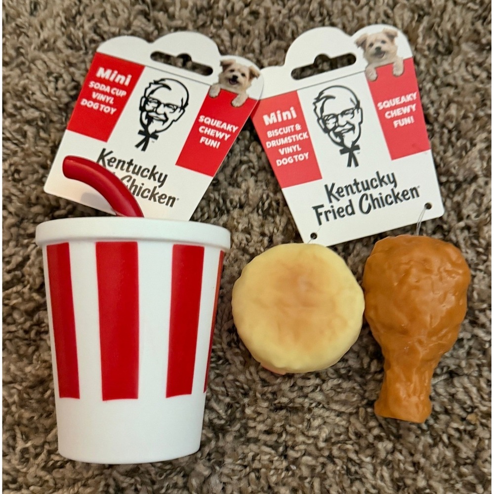 KFC-Three Vinyl Squeak Dog Toys-Soda-Drum Stick-Biscuit (NWT)
